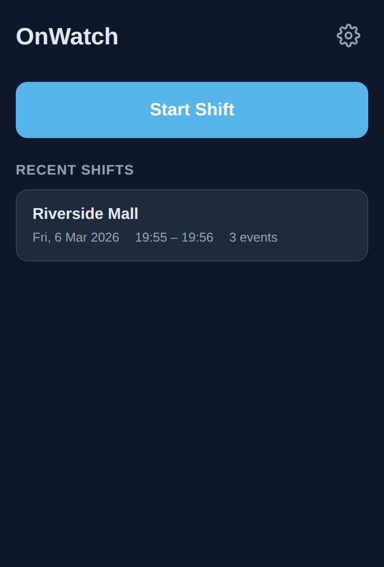 OnWatch security patrol app showing shift history and completed patrols