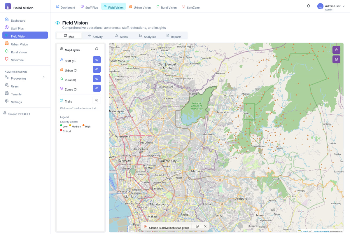 Master operational map combining AI detections, staff positions, and managed zones
